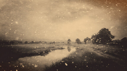 Naklejka premium A tranquil rural landscape featuring a serene body of water and a cloudy sky 