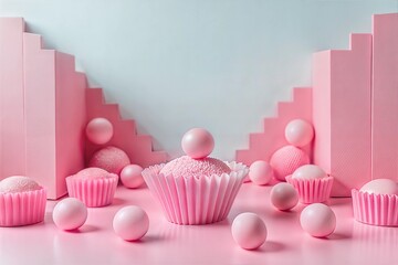 The studio is decorated in pink tones with round balls, (fake) cupcakes and square-shaped boxes arranged in rows