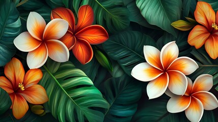 Obraz premium Tropical Flowers with Lush Leaves, and Background.