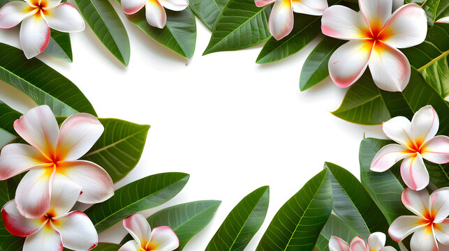 Frangipani flower frame on a white background with space for text, basis for a tourist leaflet