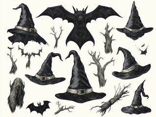 Halloween Witch Hats Bats and Trees Illustration