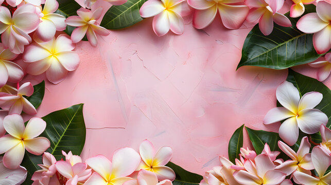 frangipani flower frame on a pink background with space for text, basis for a travel leaflet