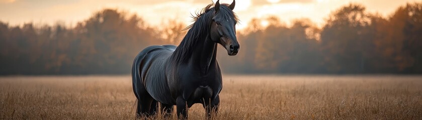 Obraz premium Majestic Gray Horse in Autumn Field at Sunset