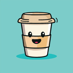 Cute Cartoon Coffee Cup Character Illustration With A Happy Expression On Blue Background