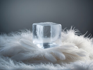 Cool Stillness: A singular, perfectly formed ice cube rests delicately upon a bed of soft, white feathers, creating a striking contrast between the cold, hard form and the gentle, ethereal texture. 