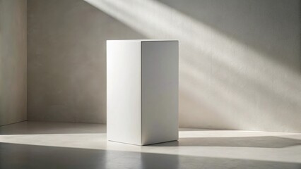 A minimalist white pedestal stands in a sunlit room against a textured wall, providing a clean backdrop for product displays or artistic arrangements.