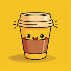 Cheerful Coffee Cup Cartoon Character Vector Graphic On A Yellow Background