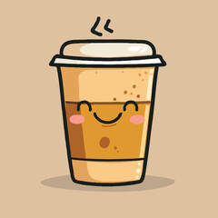 Cute Cartoon Style Coffee Cup Character With Smile And Steaming Icon