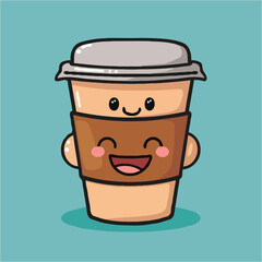 Cute Coffee Cup Character With Smiling Face Isolated On Teal Background Illustration