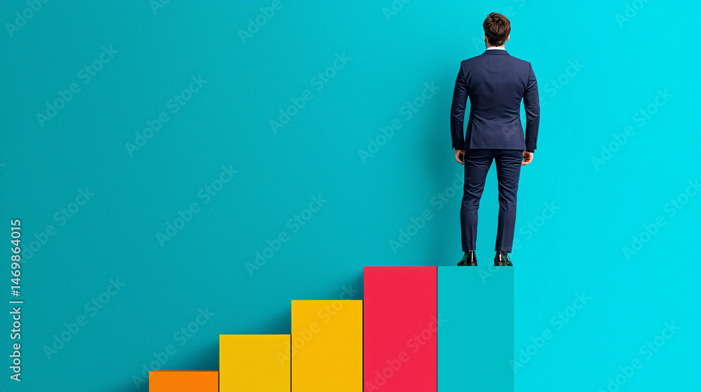 Poster workflow for result and conclusion. businessman standing on colorful bars representing growth.
