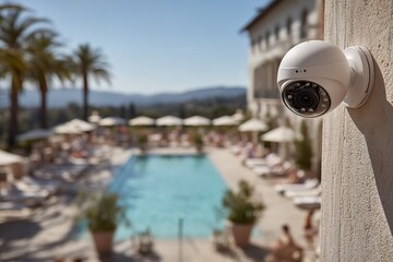 Fototapeta premium Smart home security camera mounted on outdoor pool wall, panoramic view of luxury architecture