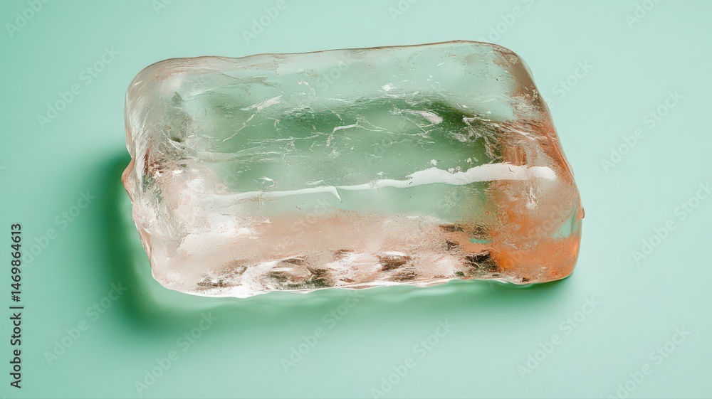 Poster translucent rectangular ice block on mint green background