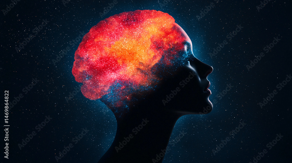 Aufkleber workflow for result and conclusion. silhouette of a head with a colorful brain illustration.