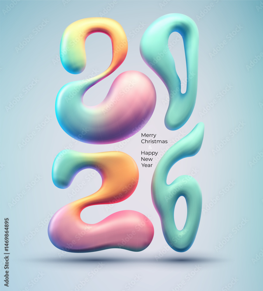 Poster 3d numbers 2026 happy new year design vector. 3d realistic abstract vector. bright colored liquid fo