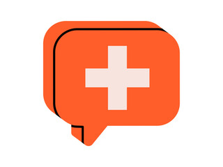 Hand drawn cute illustration of speech bubble with cross. Flat vector health care support message doodle. Online notification icon. Chat with doctor. Medical consultation in phone app. Isolated.