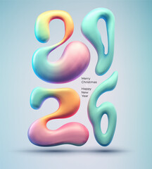 3d numbers 2026 Happy New Year design vector. 3d realistic abstract vector. Bright colored liquid forms in the form of numbers. Trendy design template unique new year 2026 logo