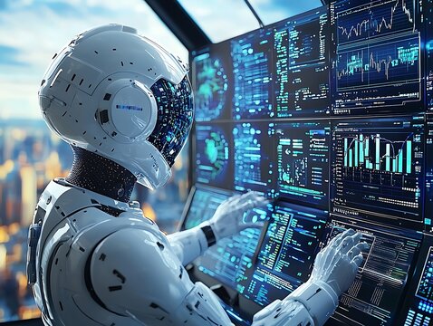 Futuristic robot operating complex system displays.