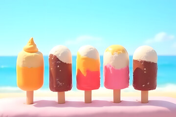 Obraz premium Ice cream bars with the sea and clear sky in the background