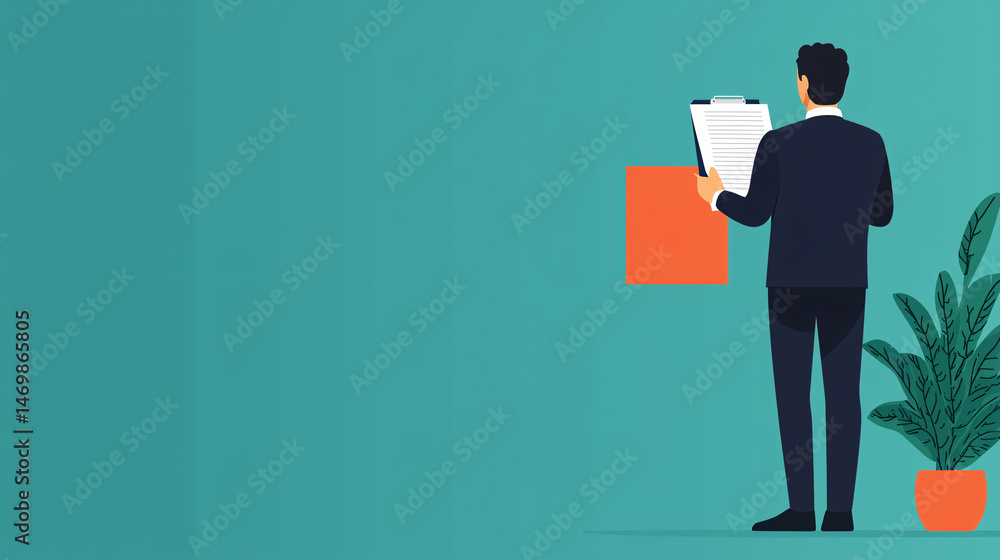 Poster workflow for result and conclusion. professional man reviewing documents against a teal background.