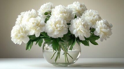 Bouquet of white peonies in a clear vase