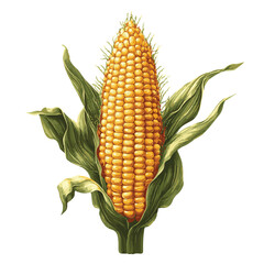 Realistic Golden Corn Cob With Green Leaves On A White Background Vector Illustration