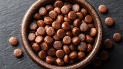 Brown round pet food in bowl