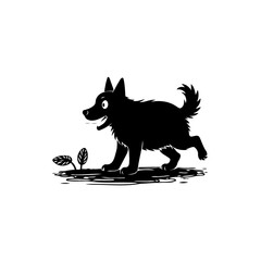 Playful canine silhouette frolicking near sprouting flora in monochrome setting