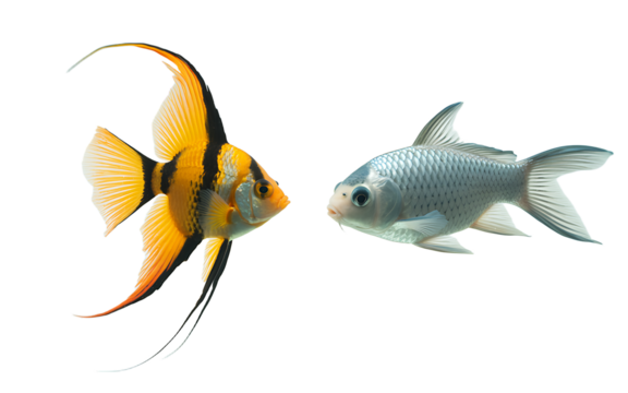 Two fish, one with orange fins and the other with silver scales, swimming in opposite directions
