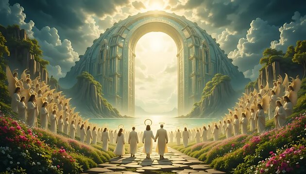 Entering the Gates of Heaven This image symbolizes the transition from earthly life to eternal life, with the gates of heaven as a beacon of hope and salvation in Christian belief.