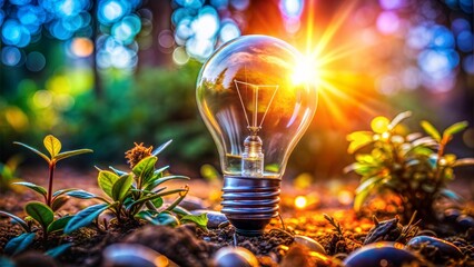 The image of a light bulb with natural light reflecting in the light bulb in nature conveys new ideas along with a relaxing feeling