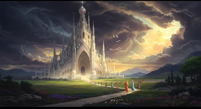 Entering the Gates of Heaven This image symbolizes the transition from earthly life to eternal life, with the gates of heaven as a beacon of hope and salvation in Christian belief.