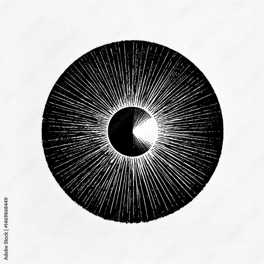 Poster abstract black and white circle with radiating lines on a textured surface, creating an intriguing v