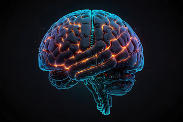 3D medical illustration of a human brain x-ray scan highlighting intelligence and neurology.