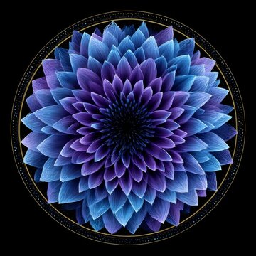 Abstract Blue and Purple Floral Mandala with Golden Accents Against Black Backdrop, Artistic Digital Art Creation