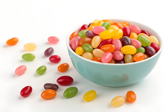A bowl filled with colorful jelly beans sits on a white surface with some scattered around