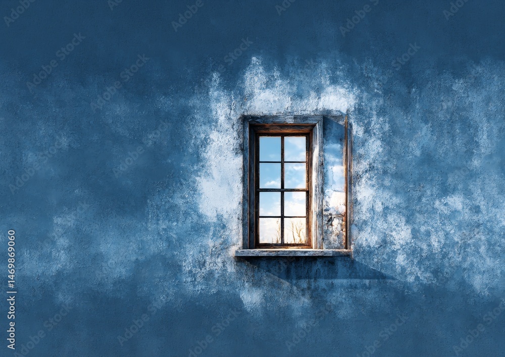 Poster blue plaster wall with rustic window reflecting sky and trees: a texture-rich scene of architectural