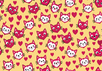 Fototapeta premium Cute Pink Cats Heart Pattern Adorable Cartoon Kitty Faces.