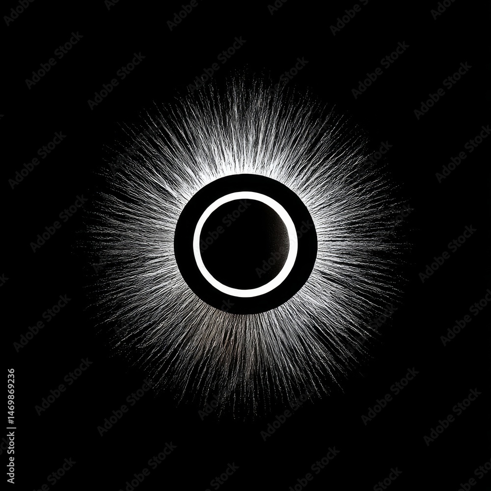 Poster celestial radiance: an abstract black and white composition with a luminous ring and corona-like ema