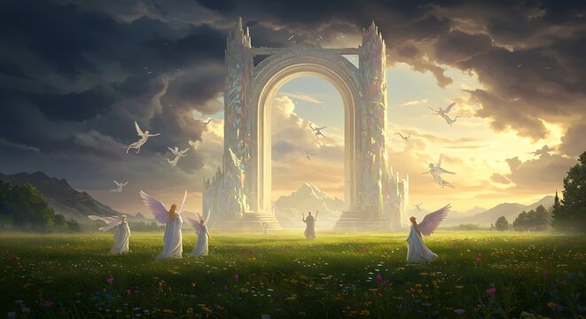 Entering the Gates of Heaven This image symbolizes the transition from earthly life to eternal life, with the gates of heaven as a beacon of hope and salvation in Christian belief.