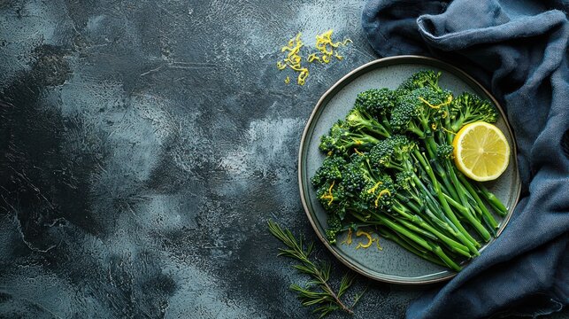 A plate of steamed broccolini with lemon zest