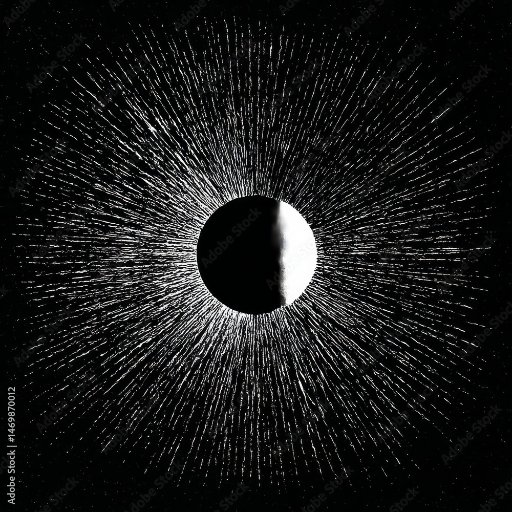 Poster ethereal eclipse: black and white solar corona effect with central sphere radiating light on dark ab