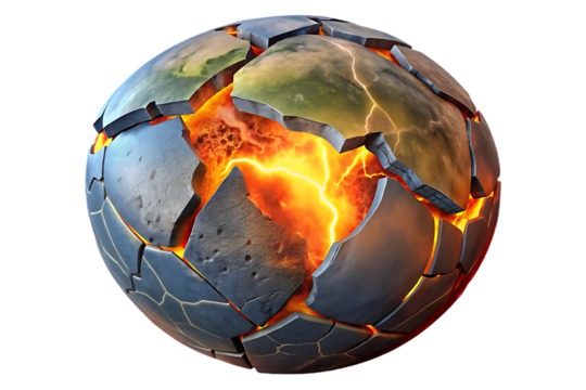 Shattered Earth Globe with Fiery Core, Apocalyptic Destruction Concept, Planet Disaster, Isolated on Black Background, High Detail.