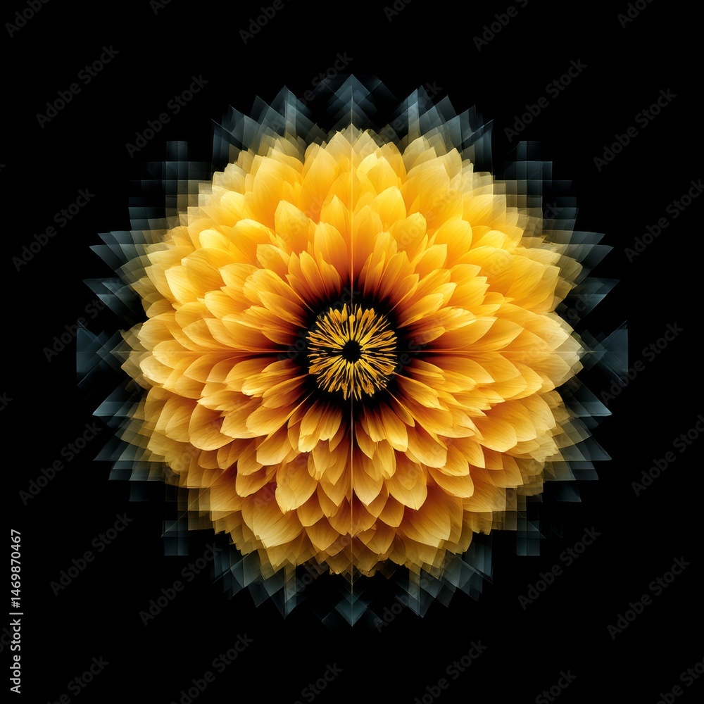 Aufkleber Golden Flower Fractal: Abstract Floral Design with Geometric Patterns on Black Background