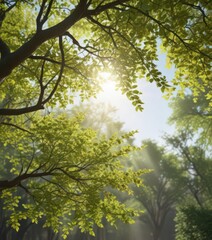 Obraz premium New leaves unfurling on tree branches, sunlight dappling through canopy, sunlight, trees, renewal