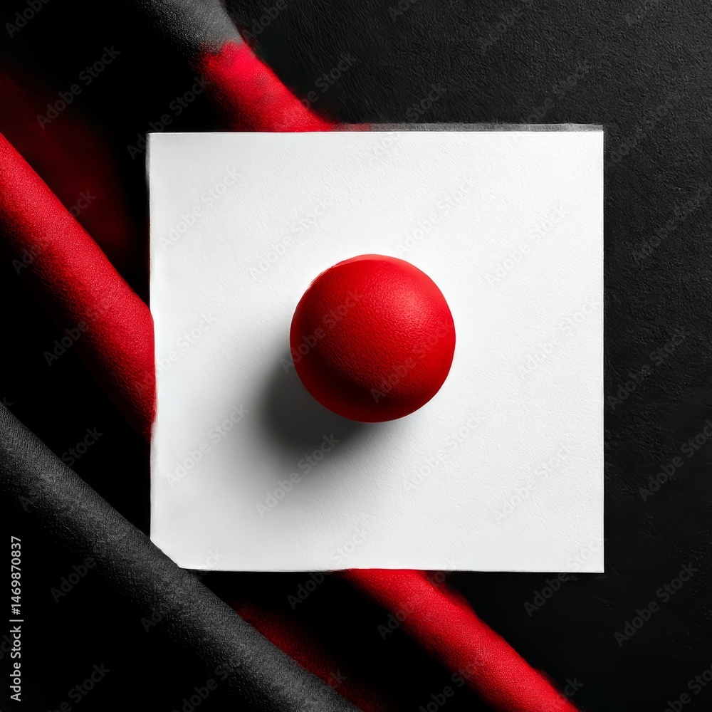 Aufkleber minimalist composition featuring a red sphere on a white square against a textured black background.