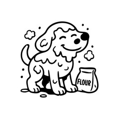 A dog in a kitchen mess, nose and paws dusty with flour, water smiling proudly.