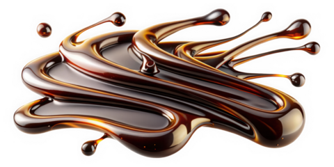 A mesmerizing swirl of glossy dark syrup creates dynamic shapes, highlighted by reflective surfaces and vibrant hues, evoking a sense of indulgence and richness.