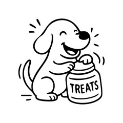 A dog pawing or biting at a closed treat jar, drawn with exaggerated determination.