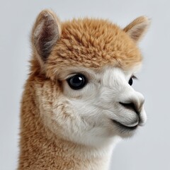 Obraz premium Portrait of a charming alpaca with soft, fluffy fur and big, expressive eyes, captured in a studio setting.