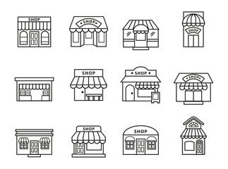 Shopfront illustrations in a grid Outline icons